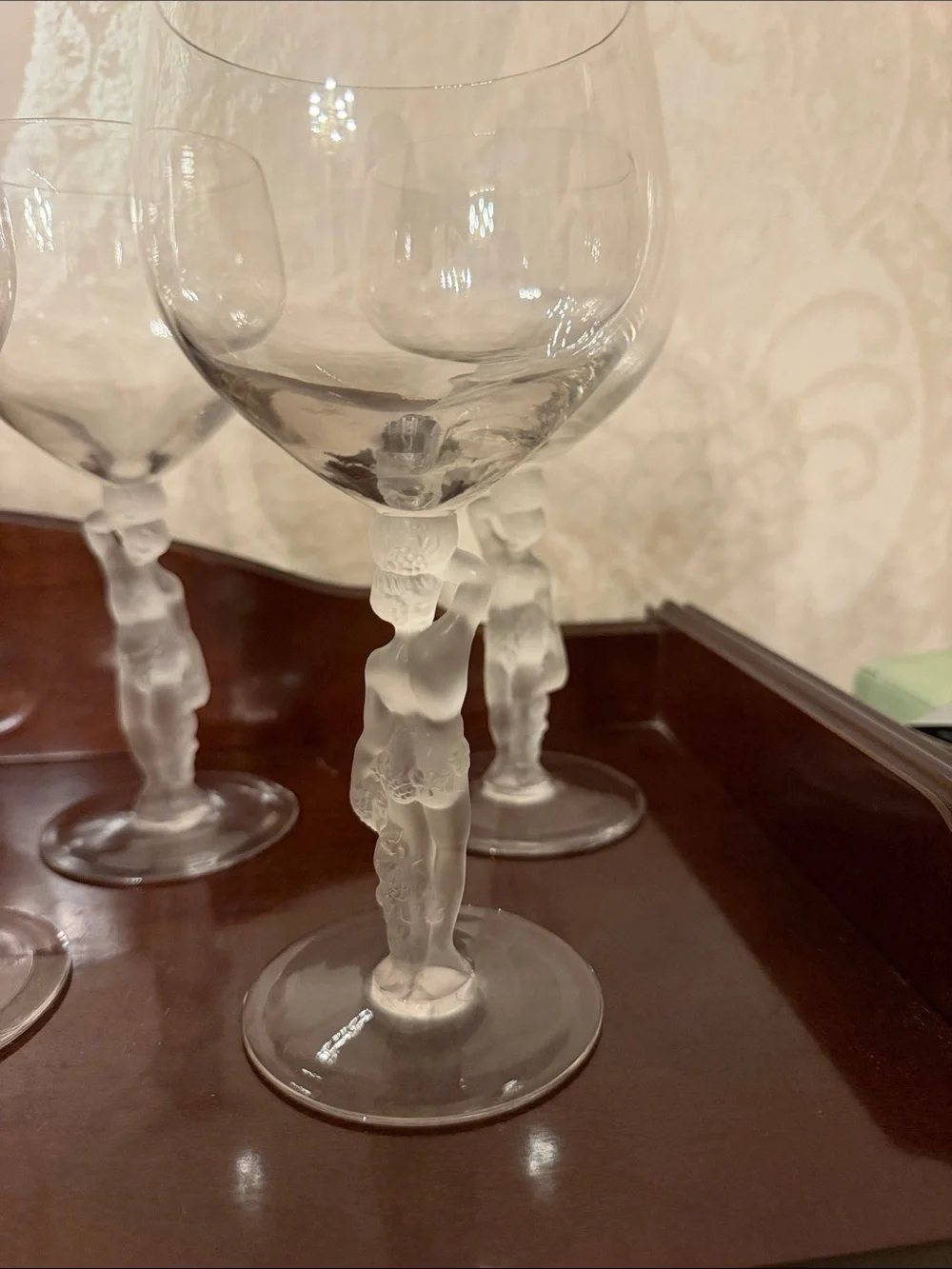 Set of 6 vintage France Bayel Bacchus stem figure crystal goblets, wine glasses